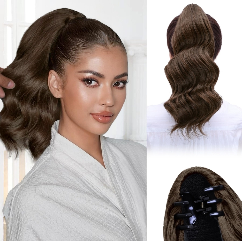 14” Claw Clip Curly Ponytail – Natural‎ Volume & Glam Waves in Medium Brown”